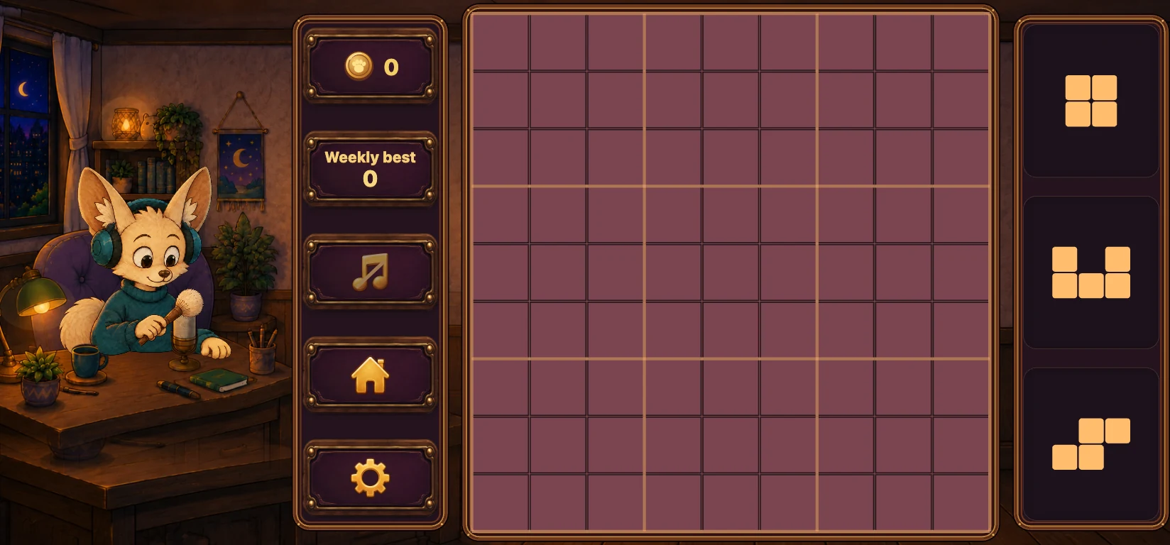 Wooden pieces and a Block Puzzle board in Fenyok the fox’s study.